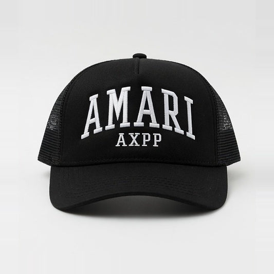 Black Amari trucker hat with AMARI and AXPP in white letters