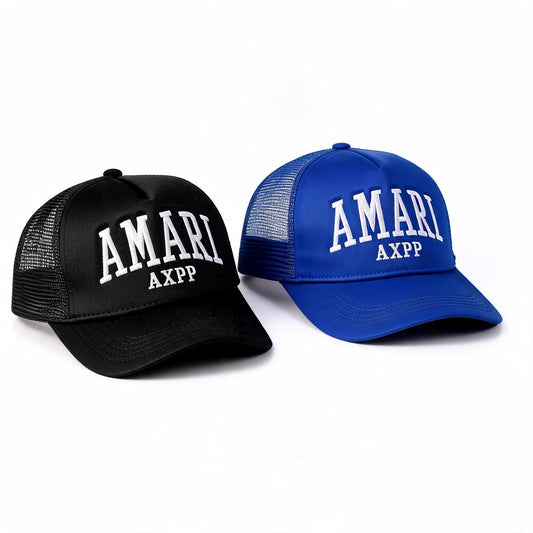 Black and blue Amari trucker hats side by side, with AMARI and AXPP in white letters