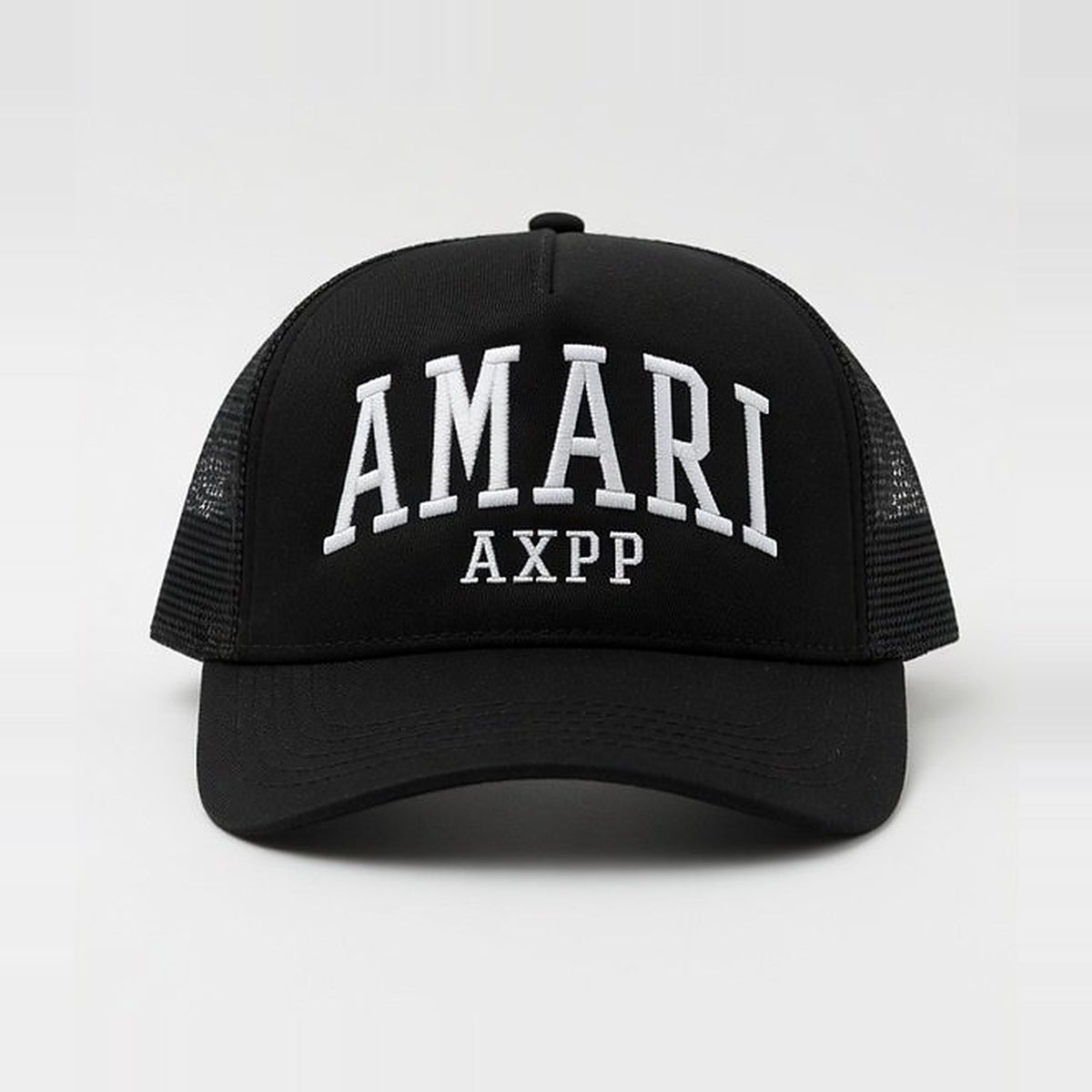Black Amari trucker hat with AMARI and AXPP in white letters