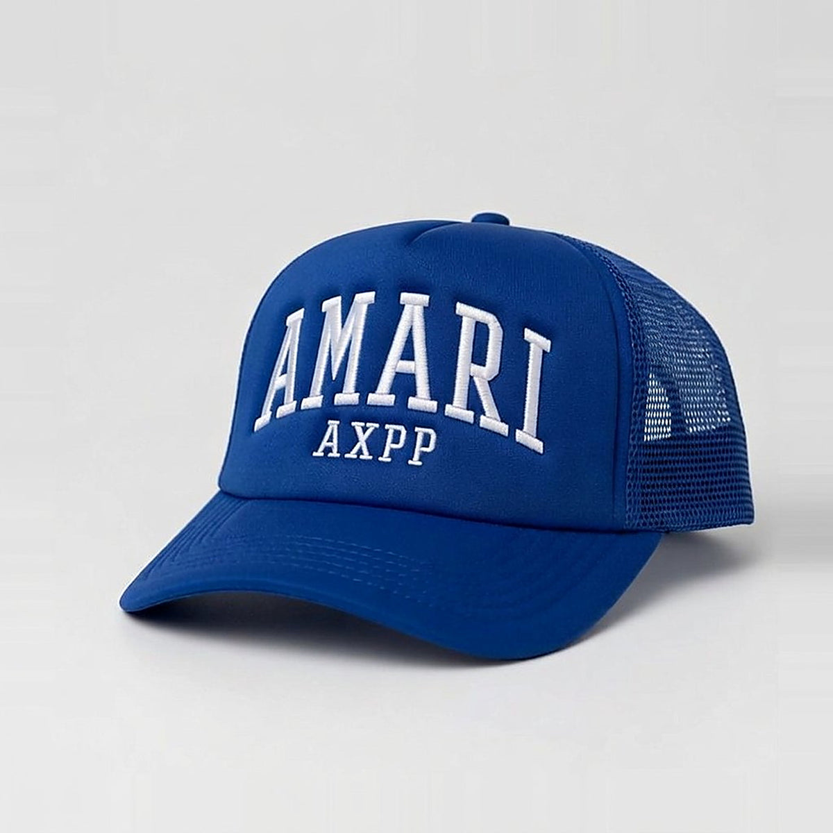 Blue Amari trucker hat with AMARI and AXPP in white letters